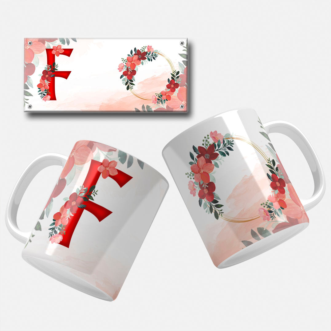 Red Floral Monogram Sublimation Files For Mugs - 26 Alphabet PNG Designs