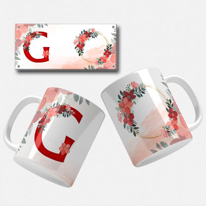 Red Floral Monogram Sublimation Files For Mugs - 26 Alphabet PNG Designs