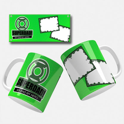Fun comic-style "Super Dad" green lantern inspired mug wrap design featuring the green lantern symbol and cartoon elements, ideal for superman dads.