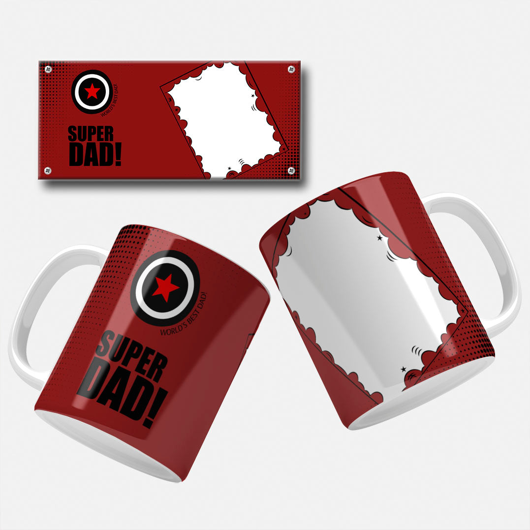Red and black "Super Dad" mug wrap design with the Captain America theme and bold text, perfect for Father's Day.