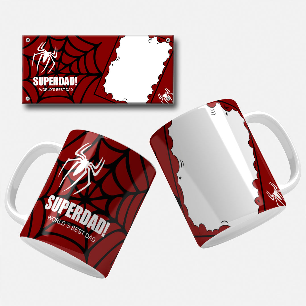 Fun comic-style "Super Dad" spiderman inspired mug wrap design featuring spider man symbol and cartoon elements, ideal for spiderman dads.