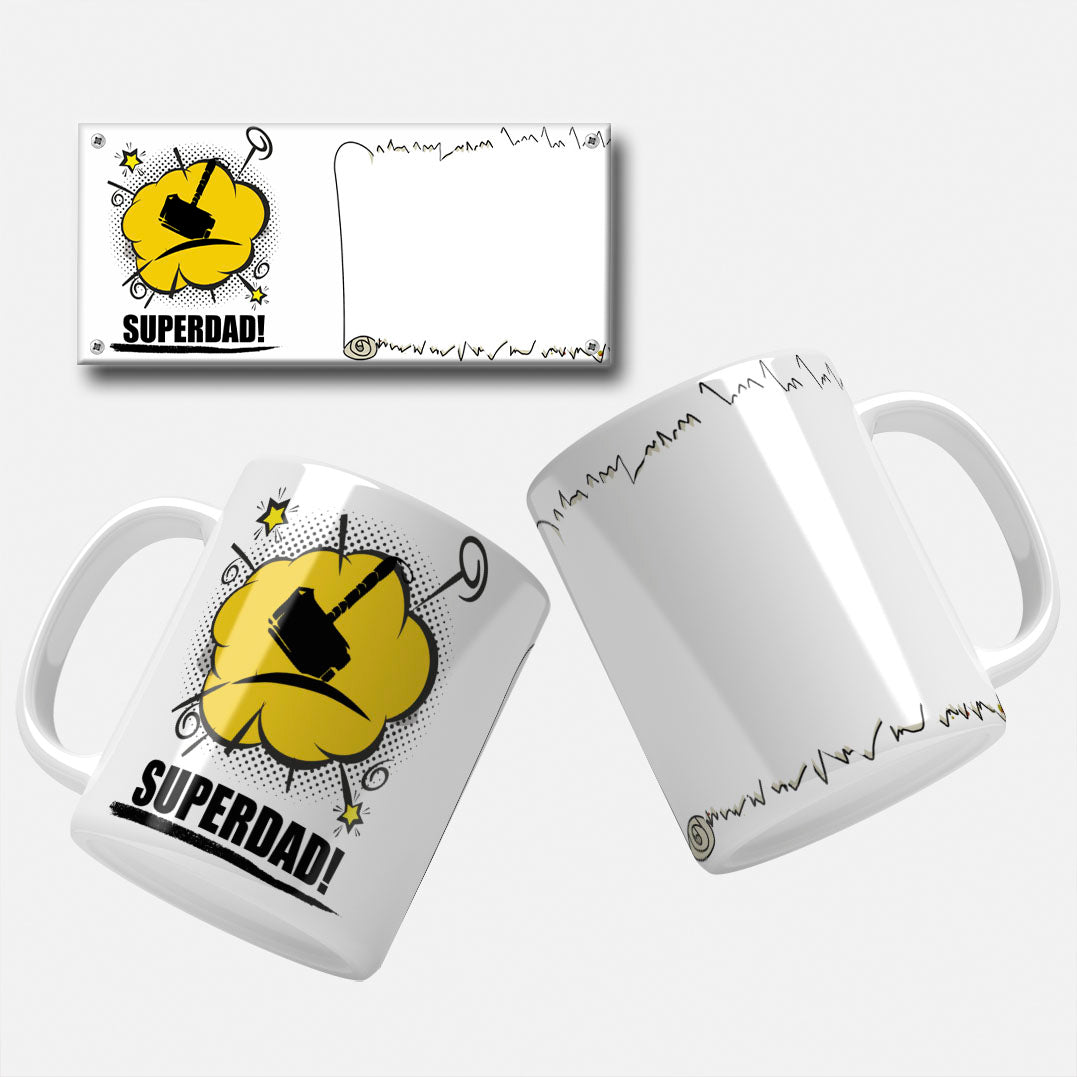 Fun comic-style "Super Dad" mug wrap design featuring Thor hammer and cartoon elements, ideal for superhero dads.