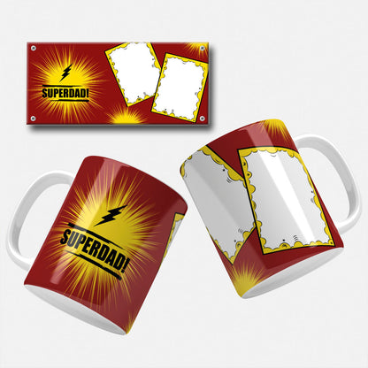 Yellow and red comic-style "Super Dad" mug wrap design with a lightning bolt, celebrating dad as a hero.
