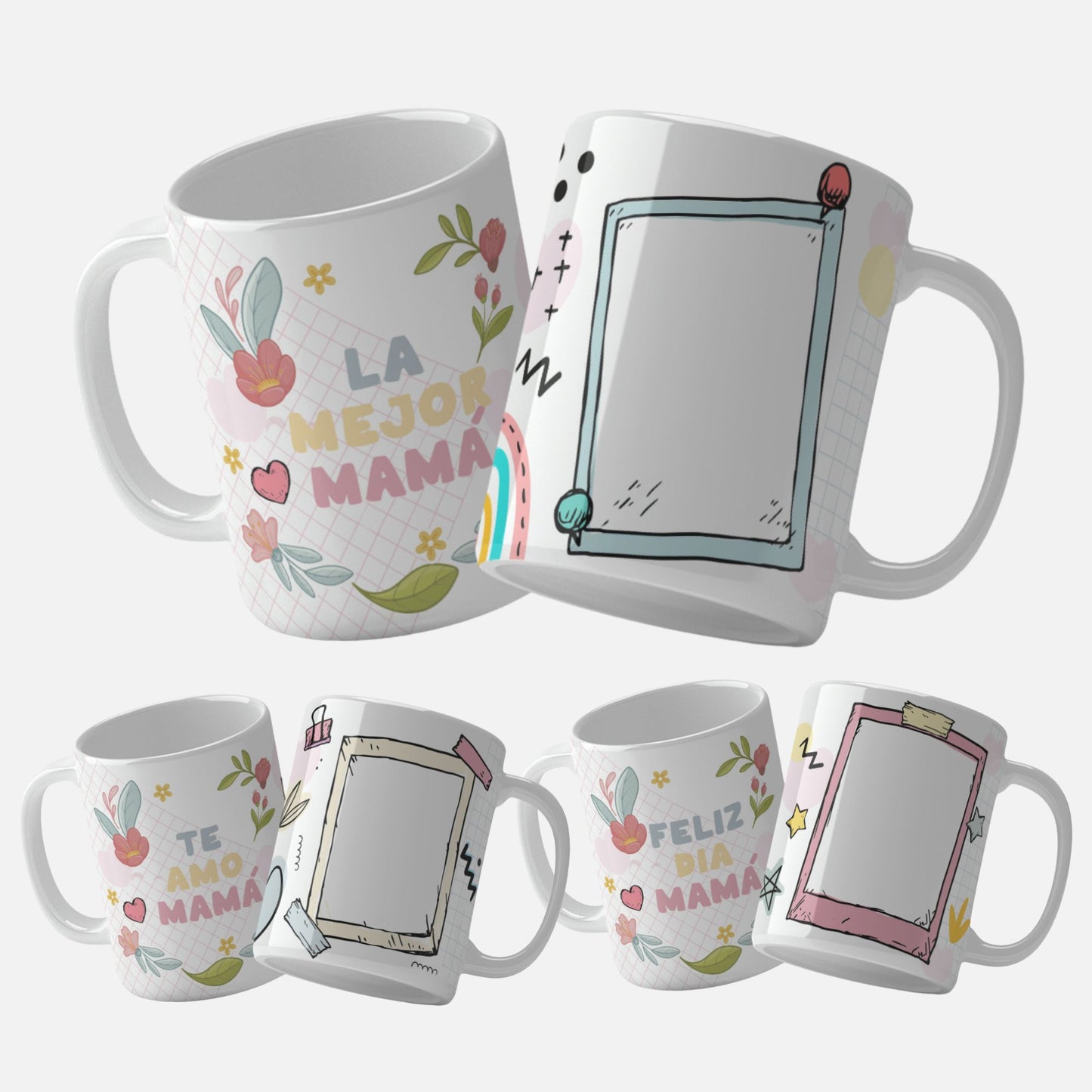 Spanish Mother's Day mug wrap bundle with the text "Feliz Dia Mamá", "La Mejor Mama" and "te amo mama" featuring floral elements and a frame to insert photo. Personalize with photo.
