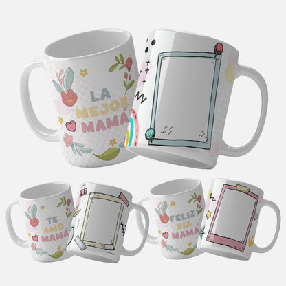 Spanish Mother's Day mug wrap bundle with the text "Feliz Dia Mamá", "La Mejor Mama" and "te amo mama" featuring floral elements and a frame to insert photo. Personalize with photo.