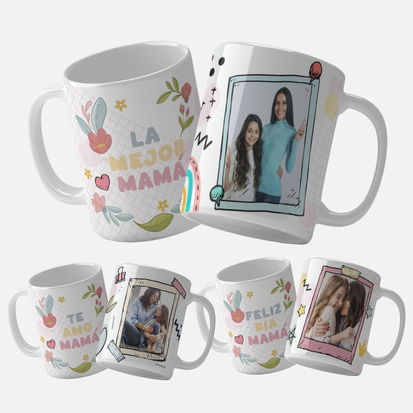 Spanish Mother's Day mug wrap bundle with the text "Feliz Dia Mamá", "La Mejor Mama" and "te amo mama" featuring floral elements and a frame to insert photo. Personalize with photo.