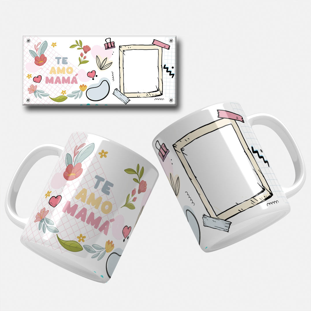 Spanish Mother's Day mug wrap with the text "Te Amo Mamá" featuring floral elements and a frame to insert photo.