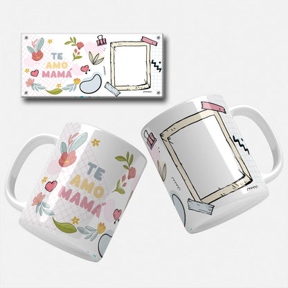 Spanish Mother's Day mug wrap with the text "Te Amo Mamá" featuring floral elements and a frame to insert photo.